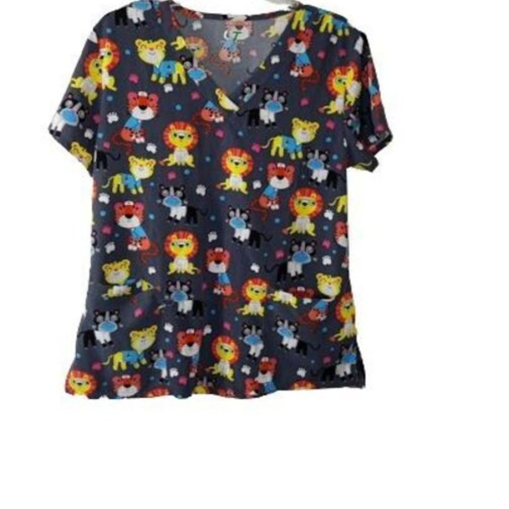 Green Town Performance Feline Print Scrub Top